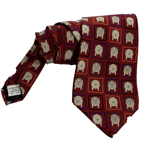 Vicky Davis Pigs 100% Silk Tie Made in USA Red NWOT Vintage - Picture 1 of 7